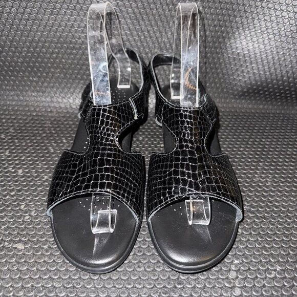SAS Open Toe Suntimer Black Patent Leather Croc Print Tripad Sandals Size 8.5 - Picture 2 of 9